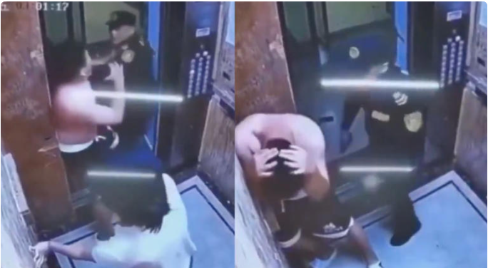 Policía defiende a mujer de sujeto que la golpeaba en un elevador