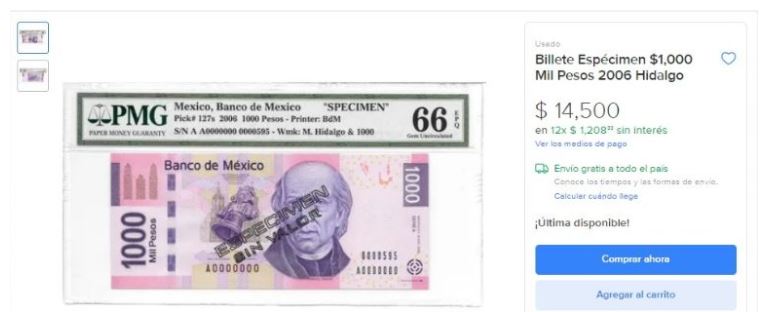 Billete de Miguel Hidalgo se vende en más de $14,000