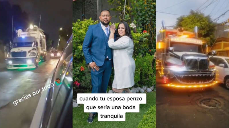 Traileros cierran una calle para celebrar la boda de su amigo
