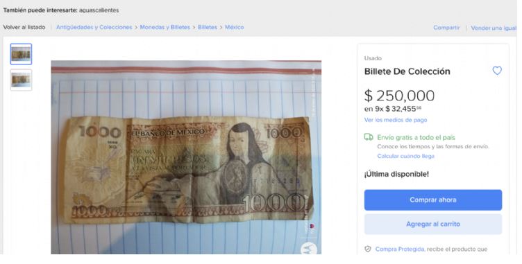 Billete de $1,000 con Sor Juana se vende en $250,000 en Internet