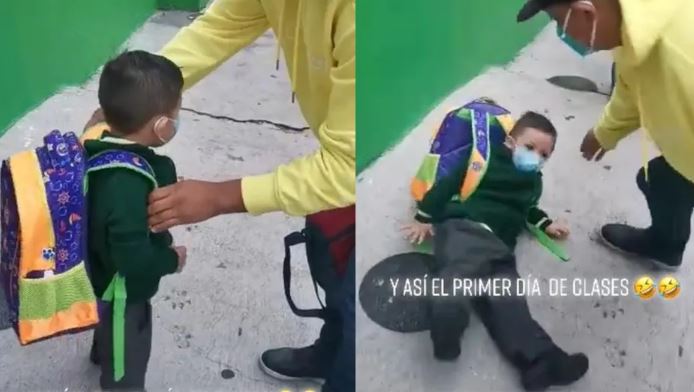 (VÍDEO) Niño se va de espaldas por el peso de su mochila