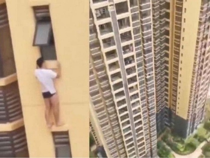 El "otro" semidesnudo cuelga de un edificio y lo captan en vídeo