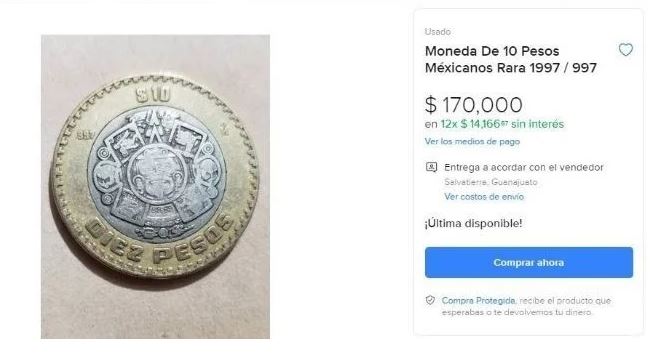 Moneda de $10 que se vende en $170 mil por un curioso error