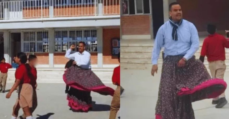 Profesor de Coahuila enseña Folclore en falda y se hace viral