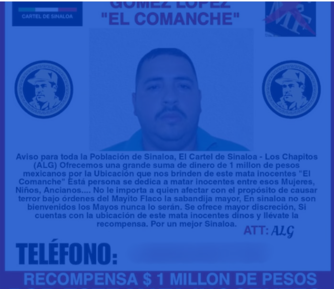 Los Chapitos ofrecen un millón de pesos por ‘El Comanche’, líder de La Mayiza