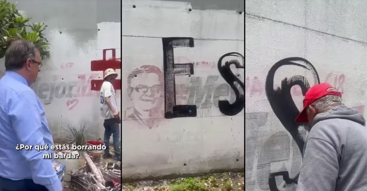 Ebrard enfrentó a sujeto que borró barda con su imagen para pintar la de Sheinbaum