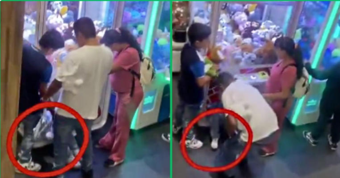 Embarazada arriesga a su hija: la mete a máquina de peluches para robar