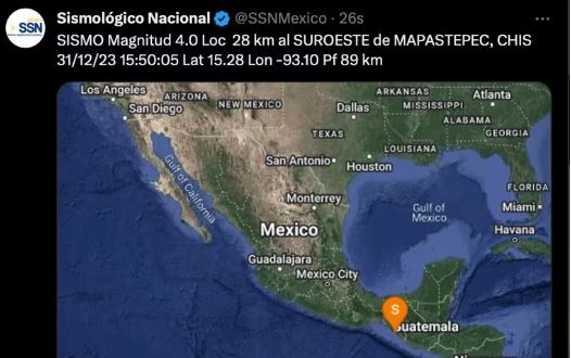 Hoy 31 de diciembre se registra sismo de 4.0 en Chiapas