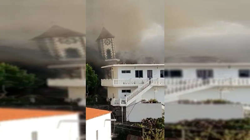 Momento en que la lava volcánica derriba iglesia en España