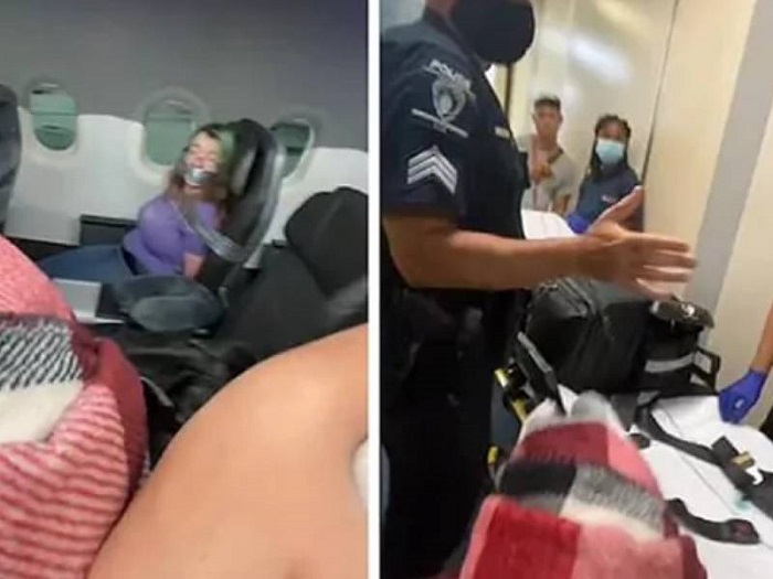 (VIDEO) Mujer intenta bajar del avión en pleno vuelo y por ello la amarran