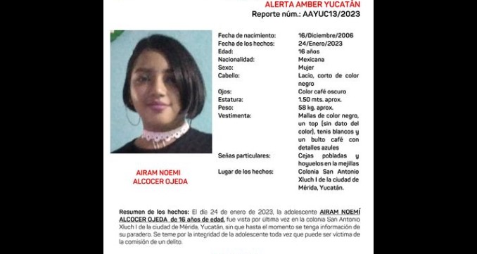 Mérida: Se activa nueva Alerta Amber por menor desaparecida