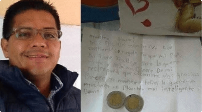 Niña regala $2 a maestro y una carta: " "No le compré regalo, pero le doy mi recreo"