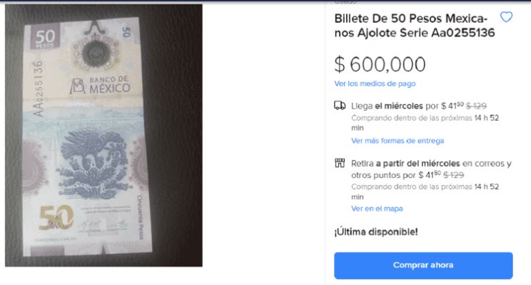 Venden en Mercado Libre en $600,000 billete de $50 del ajolote