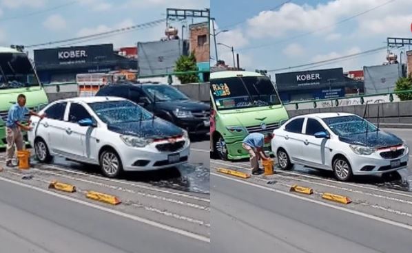 Hombre lava su auto en plena avenida principal de CDMX; "tiene que ser una broma"