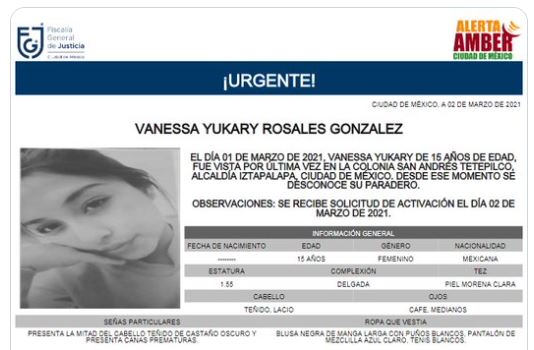 Piden ayuda para localizar a Vanessa de 15 años; tiene canas prematuras