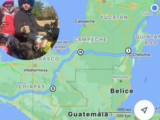 Jóvenes viajan en moto con su perro  de CDMX a Playa del Carmen