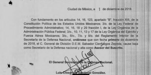 Por un decreto presidencial, Cienfuegos es asesor de la Sedena en actual gobierno