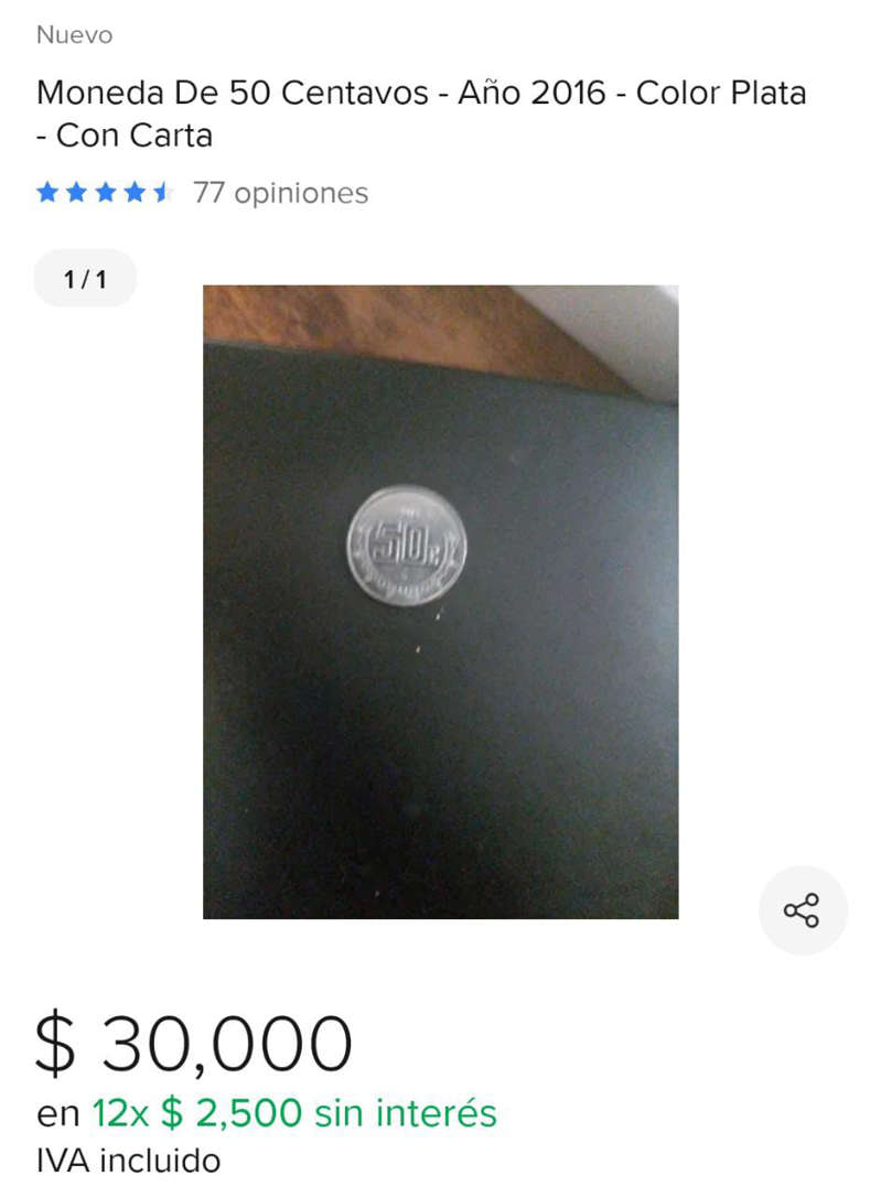 Moneda de 50 centavos de 2016 se vende hasta en $30 mil en internet