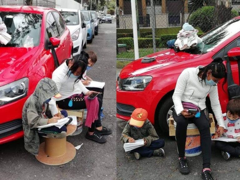 Madre franelera ayuda a sus hijos a hacer su tarea usando Internet de la calle