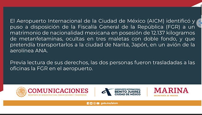 Detienen a pareja mexicana en el AICM; quería llevar metanfetaminas a Japón