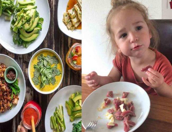 Mujer le da de comer carne cruda a su bebé