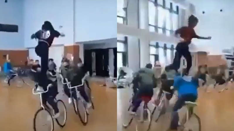 VIDEO:  ¡Gran hazaña! Una joven pasa por encima de once ciclistas