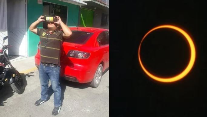 Hombre vio el eclipse usando un envase de caguama