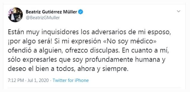 Se “disculpa” Gutiérrez Müller y se autocalifica como “muy humana”