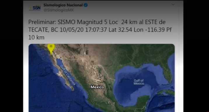 Sismo de magnitud preliminar 5 en Tecate, Baja California