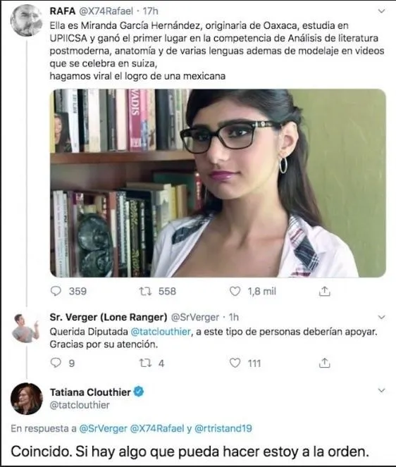 Tatiana Clouthier confunde a Mia Khalifa con estudiante oaxaqueña