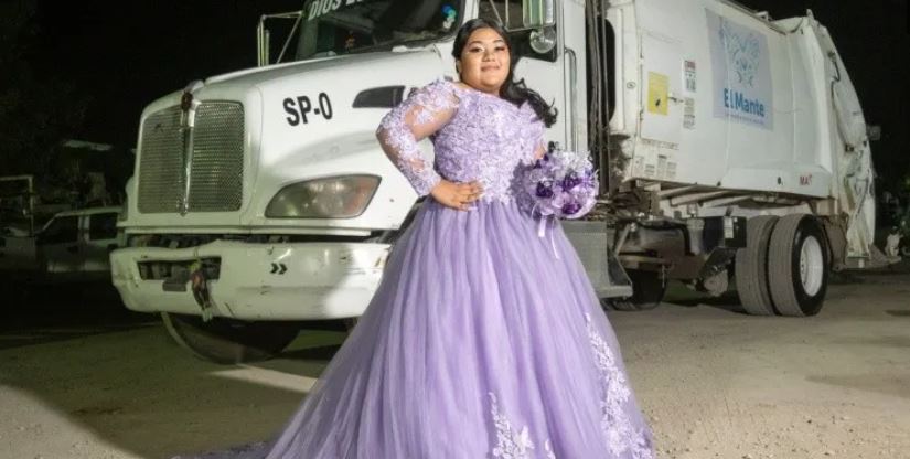 Quinceañera honra a su padre recolector con sesión de fotos junto a camión de basura