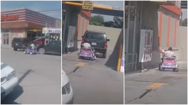¡Ingenio mexicano!: hombre sin auto usa Jeep de juguete para ir a comprar pizza