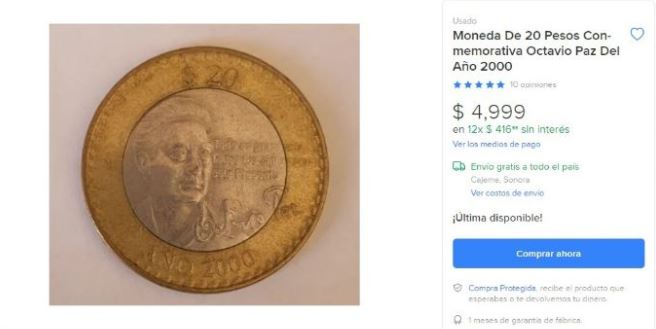 Moneda de 20 pesos de Octavio Paz se vende en casi $5,000