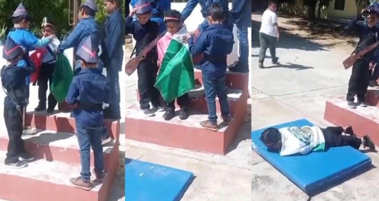 (VÍDEO) Niño se 'lanza' con bandera de México como Juan Escutia en primaria